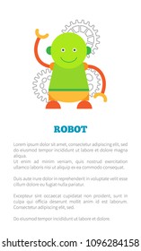 Robot promo poster, gear and text sample headline over information, automatic creature, mechanism vector illustration isolated on white background.