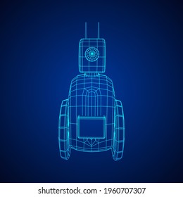 Robot Promoter with LCD Screen on two wheels. Ad promo bot. Wireframe low poly mesh vector illustration