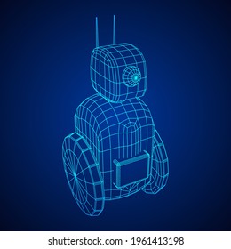 Robot Promoter LCD Screen on two wheels. Ad promo bot. Wireframe low poly mesh vector illustration