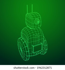 Robot Promoter LCD Screen on two wheels. Ad promo bot. Wireframe low poly mesh vector illustration