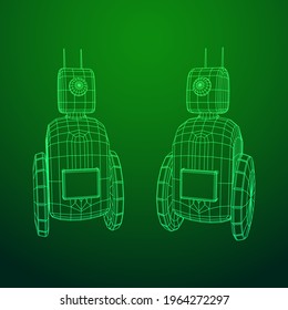 Robot Promoter LCD Screen on two wheels. Ad promo bot. Wireframe low poly mesh vector illustration