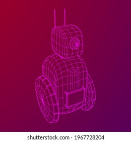 Pantalla LCD promotora de robots en dos ruedas. Y bot promocional. Ilustración vectorial de malla baja de malla de alambre