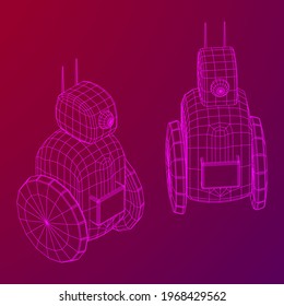 Robot Promoter LCD Screen on two wheels. Ad promo bot. Wireframe low poly mesh vector illustration