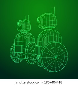 Robot Promoter LCD Screen on two wheels. Ad promo bot. Wireframe low poly mesh vector illustration