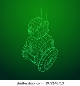 Robot Promoter LCD Screen on two wheels. Ad promo bot. Wireframe low poly mesh vector illustration