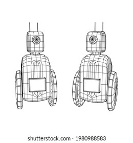 Robot Promoter LCD Screen on two wheels. Ad promo bot. Wireframe low poly mesh vector illustration