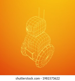 Robot Promoter LCD Screen on two wheels. Ad promo bot. Wireframe low poly mesh vector illustration