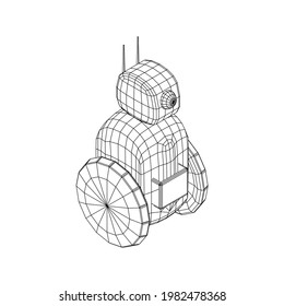 Roboter Promoter LCD-Bildschirm auf zwei Rädern. Ad Promo Bot. Wireframe Low-Poly-Mesh, Vektorgrafik