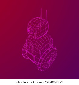 Robot Promoter LCD Screen on two wheels. Ad promo bot. Wireframe low poly mesh vector illustration