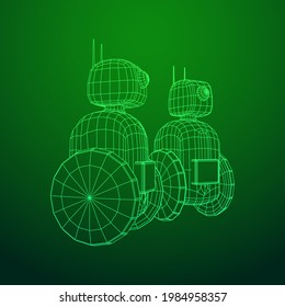 Robot Promoter LCD Screen on two wheels. Ad promo bot. Wireframe low poly mesh vector illustration