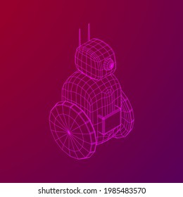 Robot Promoter LCD Screen on two wheels. Ad promo bot. Wireframe low poly mesh vector illustration