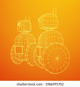 Robot Promoter LCD Screen on two wheels. Ad promo bot. Wireframe low poly mesh vector illustration