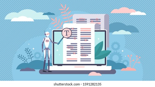 Robot proofreading flat tiny bot person concept vector illustration. Copy writing automation technology. Modern AI algorithm online editing service. Scan mistakes and report text grammar errors.