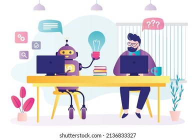 Robot proposes new business idea to colleague. Businessman working in team with artificial intelligence. Office interior design. Employee discussing work with cyborg partner. Flat vector illustration