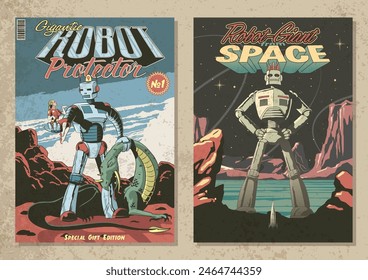 Robot Protector and Robot from Outer Space. Retro Fantastic Comics Covers Style Illustrations. Giant Robot, Beauty, Alien Monster, Space Rocket, Extraterrestrial Landscapes. Space Age Style