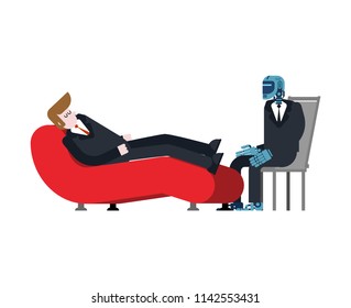 Robot psychologist. Man Reception of Cyborg  psychotherapist. Vector illustration.
