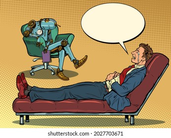 Robot psychotherapist in a psychotherapy session with a patient, bored and asleep