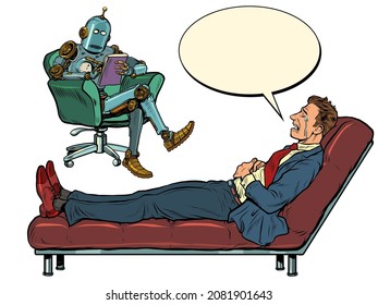 A robot psychotherapist at a psychotherapy session with a patient, listens to a businessman, sits in a chair and makes notes in a notebook