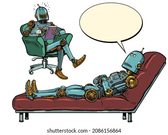A robot psychotherapist at a psychotherapy session with a patient, listens to the robot, laughs and makes notes in a notebook