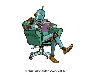 A robot psychotherapist is in a psychotherapy session, sitting in a chair and making notes in a notebook