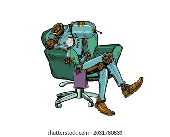 The Robot Psychotherapist Is Sleeping In A Chair. Fatigue At Work. Notebook In Hand