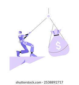 Robot Tirando De Una Bolsa De Dinero En Una Ilustración vectorial Plana Que Simboliza La Gestión Financiera, La Generación De Riqueza Y La Asistencia Robótica, Aislado Sobre Fondo Blanco.