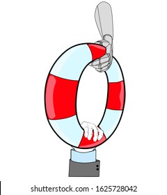 a robot pulls a person by a lifebuoy. help robots in business. vector illustration.