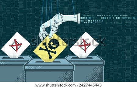 robot puppet hand vote tampering with democracy for AI election interference concept illustration
