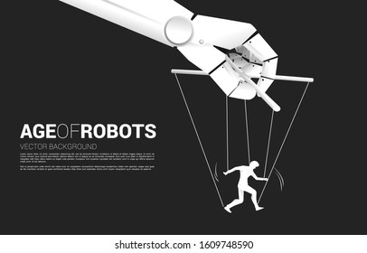 Robot Puppet Master controlling Silhouette of businessman. Concept of age of A.i. manipulation . Human vs. Machine.