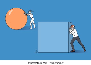 La esfera de empuje robótica lidera el hombre de negocios empujando la caja. Concepto de automatización del trabajo y nuevas tecnologías modernas. Inteligencia artificial en la comunidad laboral humana. Ilustración vectorial. 