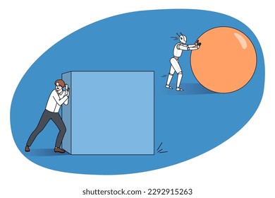 La esfera de empuje robótica lidera el hombre de negocios empujando la caja. Concepto de automatización del trabajo y nuevas tecnologías modernas. Inteligencia artificial en la comunidad laboral humana. Ilustración vectorial.