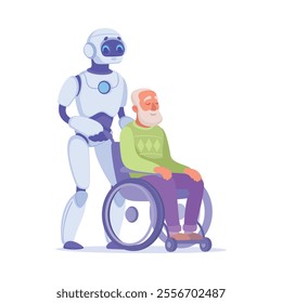 Robot Push Wheelchair with Senior Man as Smart Android Assistant Machine Vector Illustration