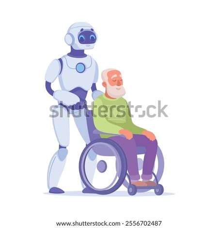 Robot Push Wheelchair with Senior Man as Smart Android Assistant Machine Vector Illustration