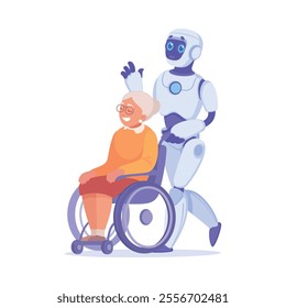 Robot Push Wheelchair with Senior Woman as Smart Android Assistant Machine Vector Illustration