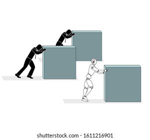 the robot pushes the cube faster than humans. concept robots make work faster. people lose to the robot. robots take work from people. vector illustration.