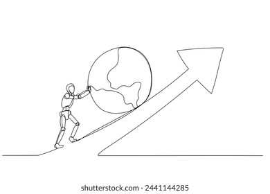 Robot pushes a globe uphill against an arrow, symbolizing global challenges and collective effort for positive outcomes.