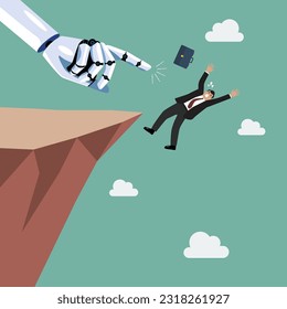 Robot pushing businesman fall into the abyss. Artifical intelligence replacing jobs concept. Vector illustration