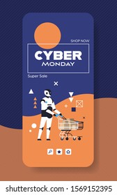 robot pushing trolley cart with cardboard boxes cyber monday big sale special offer concept holiday shopping discount smartphone screen online mobile app full length vector illustration