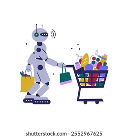 Robot empujando el Carrito de la carretilla lleno de comestibles. El concepto de ayudante de bots es inteligencia artificial. 
Tecnología de inteligencia artificial. Ilustración vectorial plana de dibujos animados. 