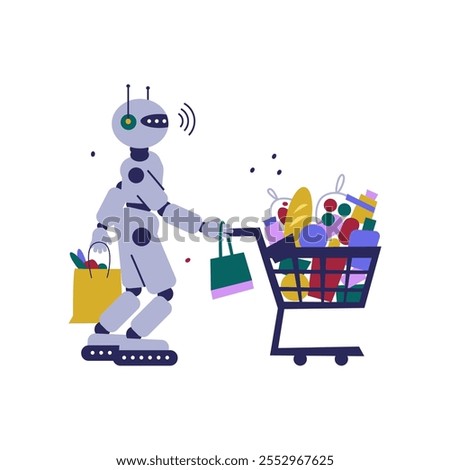 Robot pushing trolley cart full of groceries. Bot helper concept artificial intelligence. 
Artificial intelligence technology. Cartoon flat vector illustration. 