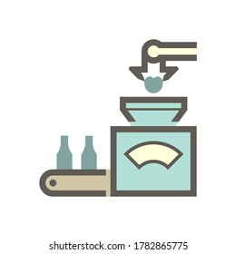 Robot put fruit into machine in fruit processing industry vector icon design on white background.