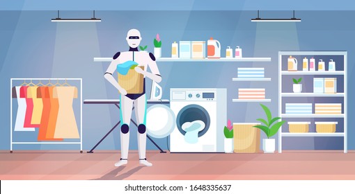 robot putting dirty clothes into washing machine artificial intelligence technology housekeeping concept modern laundry room interior full length horizontal vector illustration