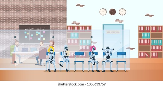 Robot Queue in Modern Office Wait Job Interview. Future Technology and Pensive Artificial Intelligence in Open Space Coworking. Bot Candidate Recruitment. Cartoon Flat Vector Illustration