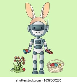 robot with rabbit ears on his head, stands and holds Easter colored eggs and candy in his hands, next to a flower bush and a basket, color vector card