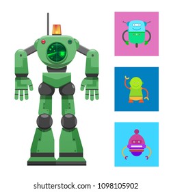 Robot with radar, collection of bots with smiles, mechanism with antenna and long hands cartoon vector illustration isolated on white background.