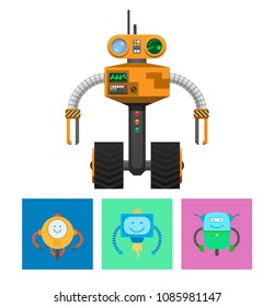 Robot with radar and wheels, machine with emotions and smiles, droids collection, science development vector illustration isolated on white background