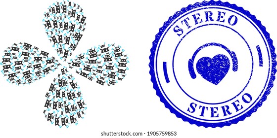 Robot radio signal swirl bang, and blue round STEREO rubber print with icon inside. Object flower with 4 petals organized from oriented robot radio signal symbols.