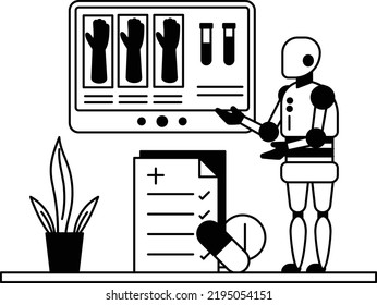 Robot Radiologists analyzing XRays using deep learning Concept vector icon design, Robotic medicine symbol, Healthcare Scene Sign, Innovation Artificial Intelligence Works in Modern Clinic stock