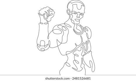 Robot with raised arm. Clenched fist of mechanical man. Robot android gesture of victory and fight. One continuous line. Line art. Minimum one line. White background. One line drawing.