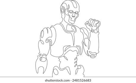 Robot with raised arm. Clenched fist of mechanical man. Robot android gesture of victory and fight. One continuous line. Line art. Minimum one line. White background. One line drawing.